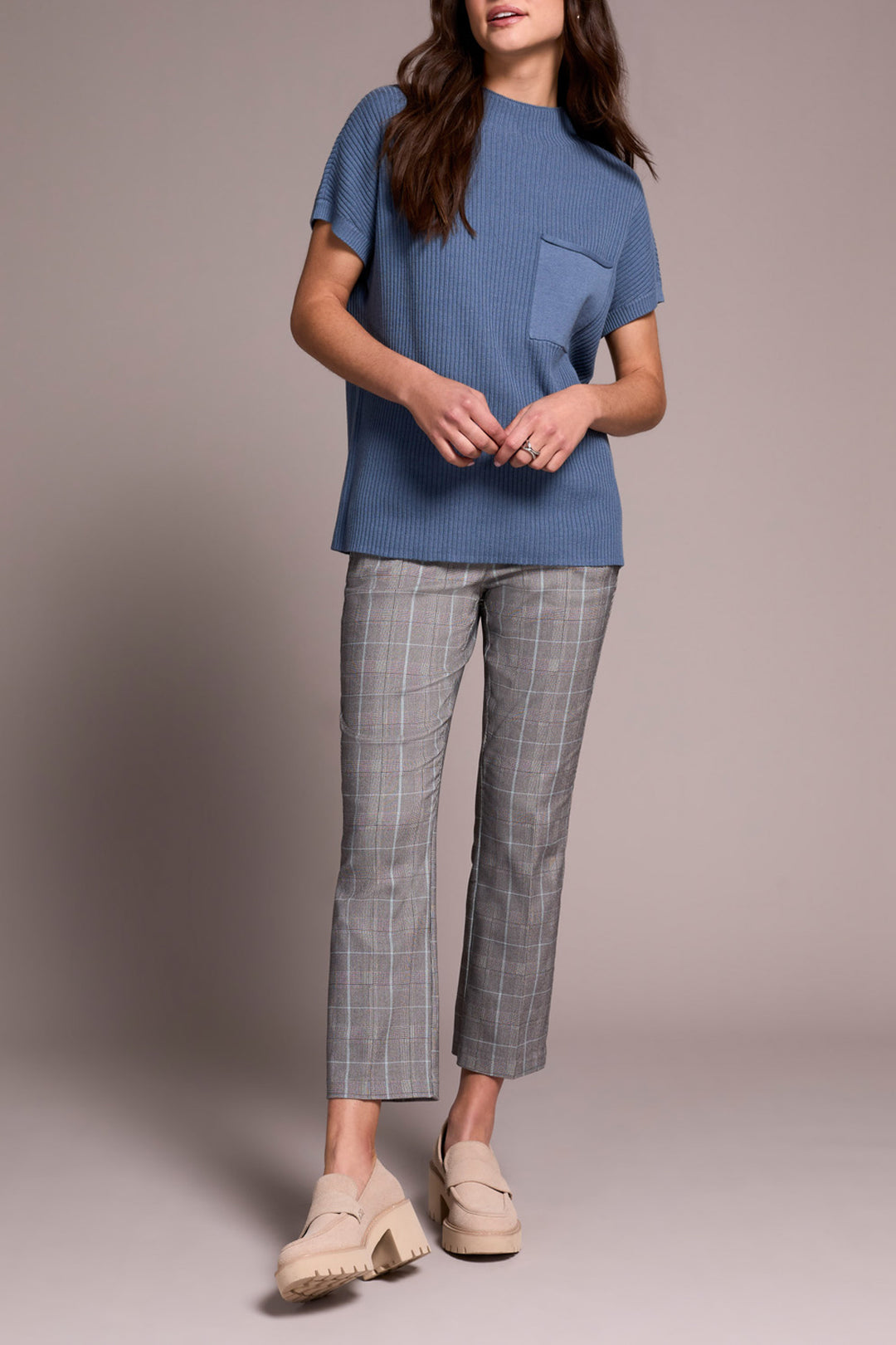 SHORT SLEEVE DOLMAN SWEATER W/POCKET - SLATE BLUE