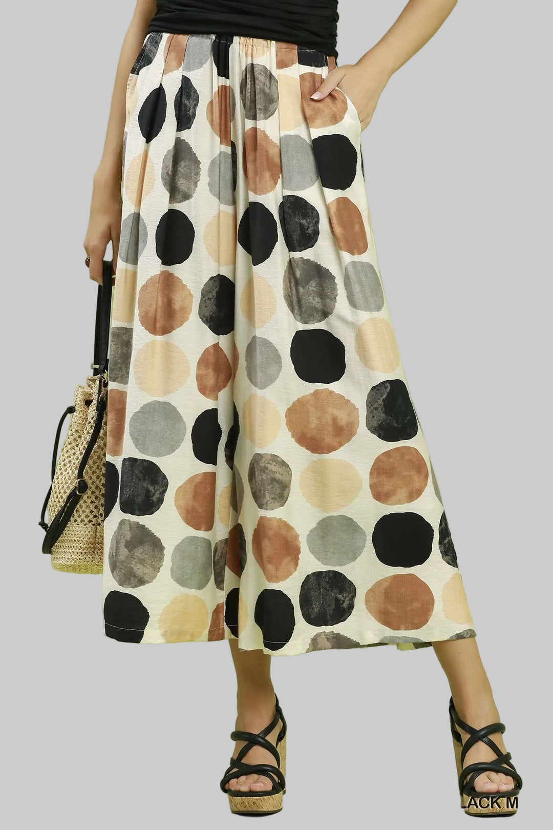 DOT PRINT WIDE LEG PULL ON PANTS - BLACK MIX