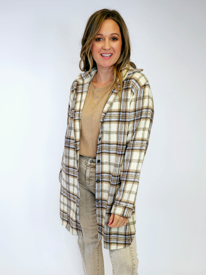 LONG SLEEVE DUSTER FLANNEL SHACKET  - CREAM