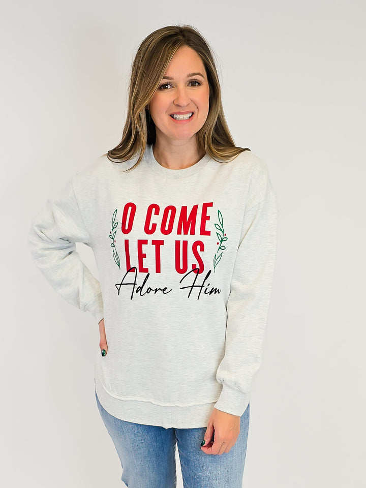 'O COME LET US ADORE HIM' CREW NECK PULLOVER - OATMEAL
