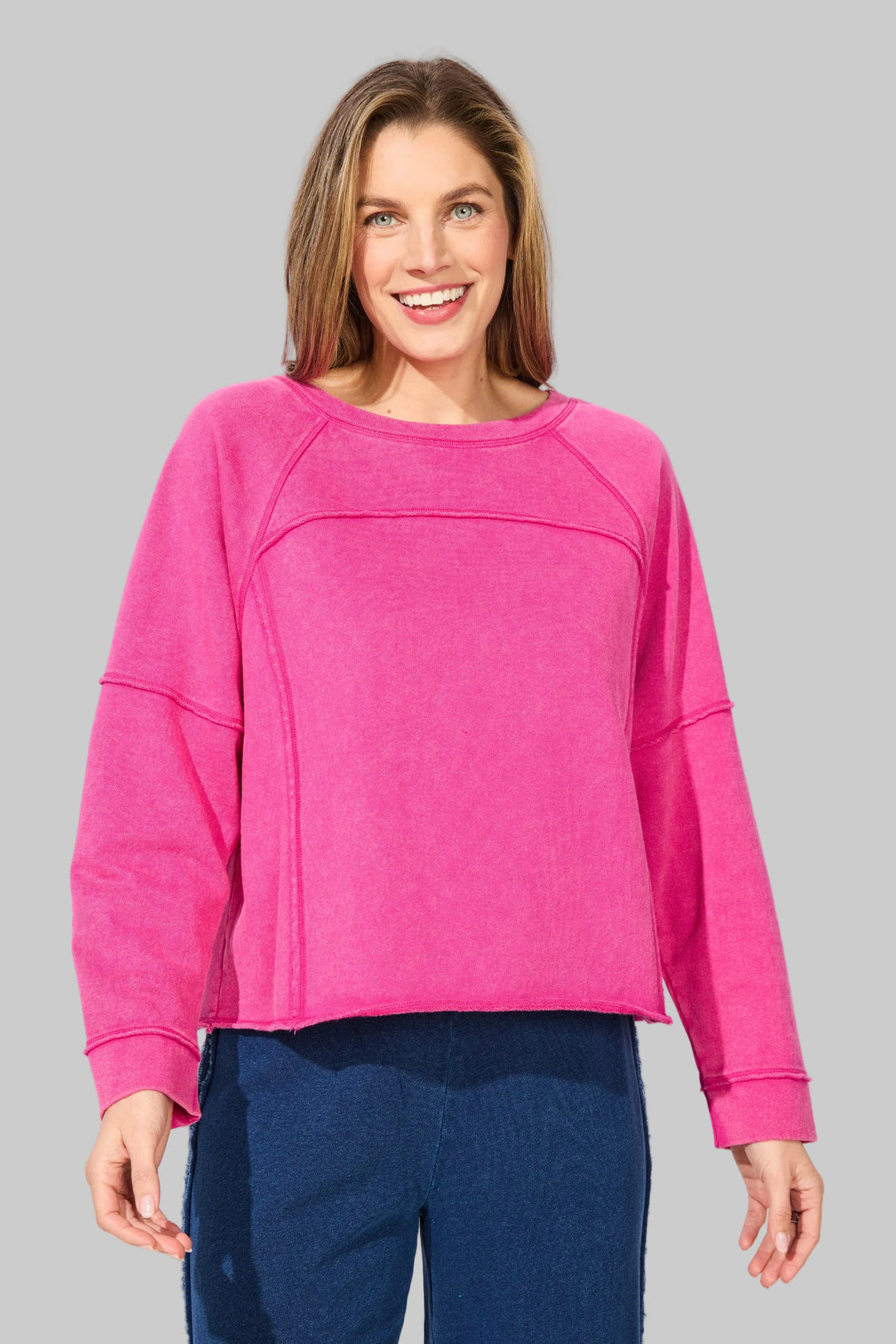 RAGLAN LONG SLEEVE COLOR WASHED TERRY TOP - FUCHSIA