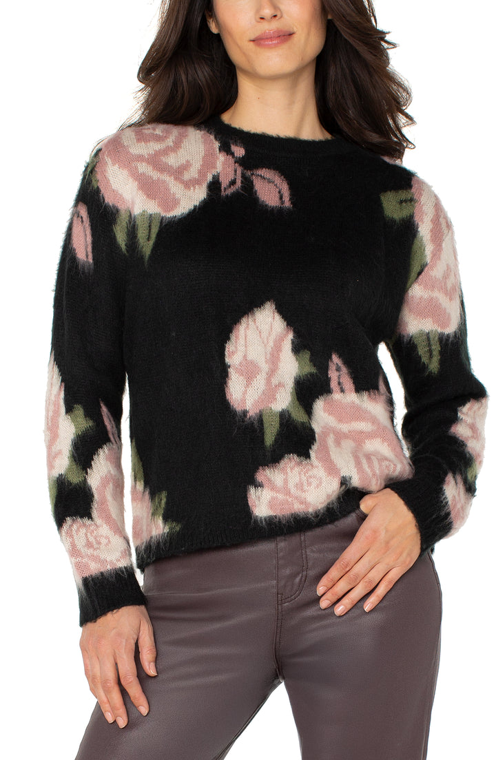 LONG SLEEVE DROPPED SHOULDER SWEATER - BLACK FLORAL