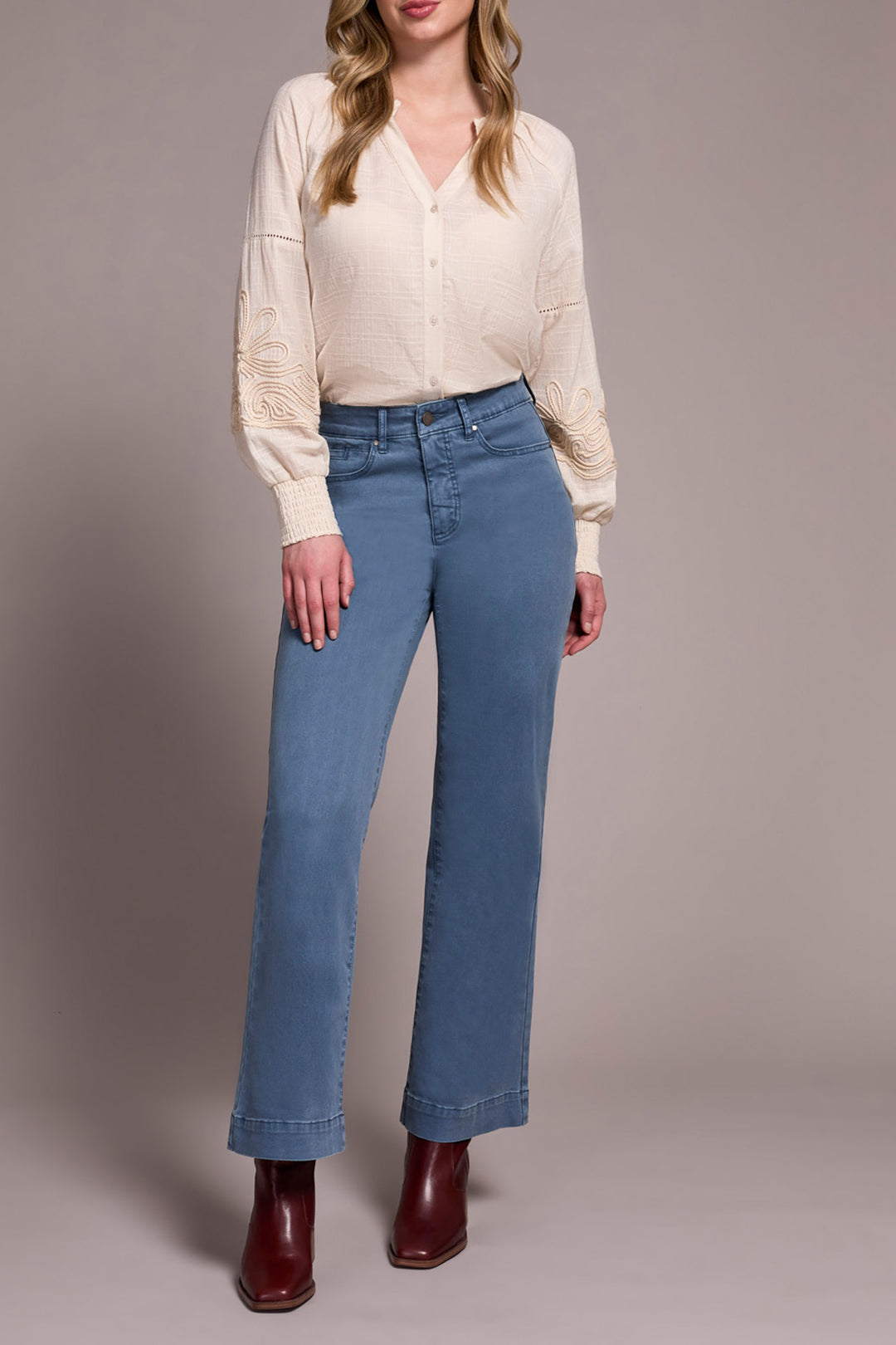 COMFORT STRETCH FLY FRONT WIDE LEG PANTS - SLATE BLUE