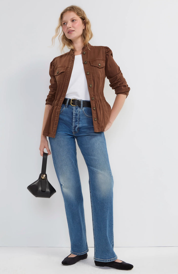 PUFF SLEEVE TRUCKER JACKET W/RUFFLE COLLAR - CAROB BROWN