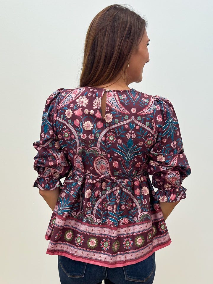 3/4 PUFF SLEEVE BORDER PRINT PEPLUM BLOUSE - EGGPLANT