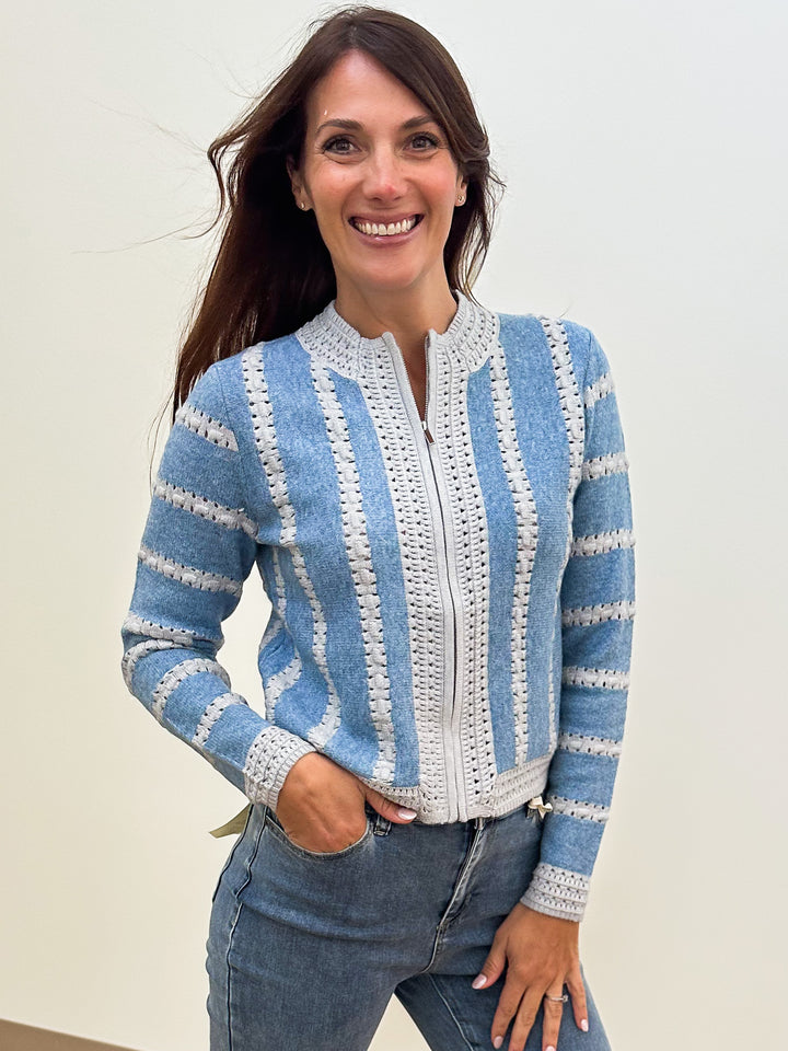 L/S ZIP UP STRIPED CARDIGAN - BLUE