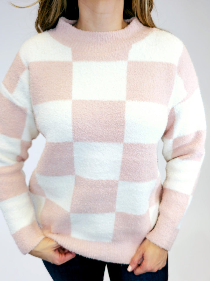 CHECKERED CREW NECK SWEATER - PINK