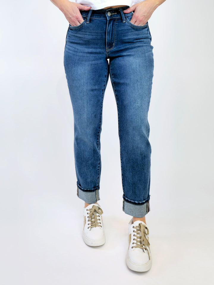 JUDY BLUE MIDRISE VINTAGE WASH W/CUFF BOYFRIEND JEANS - DARK