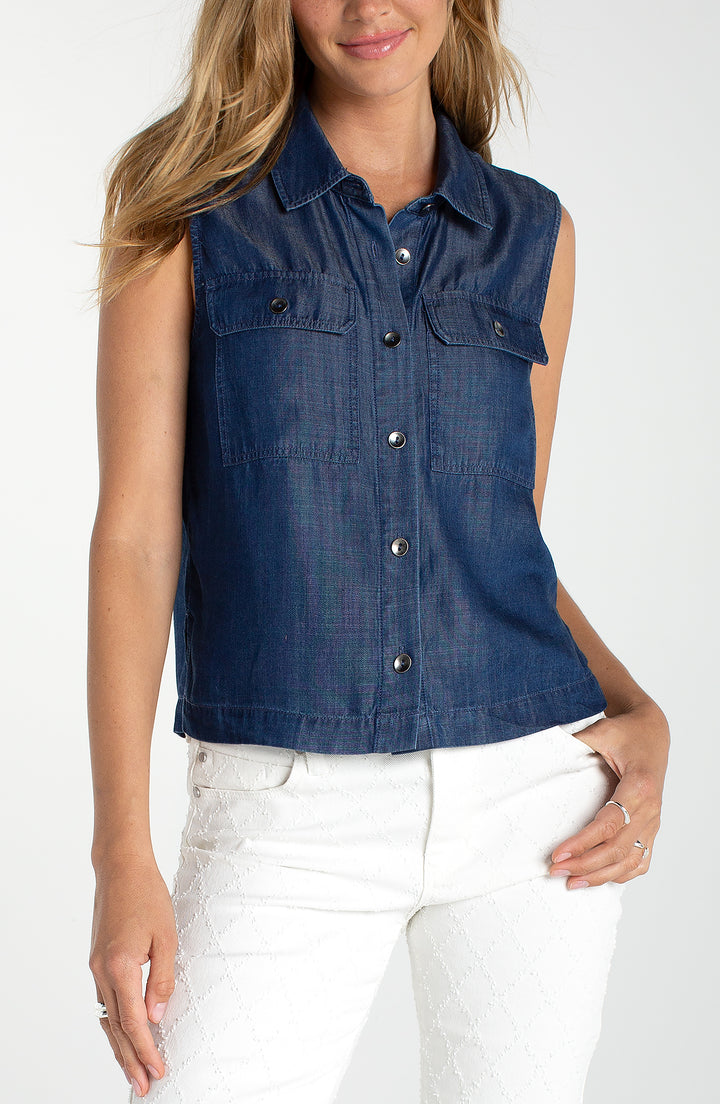 SLEEVELESS BUTTON TOP W/POCKETS - SERENE DARK