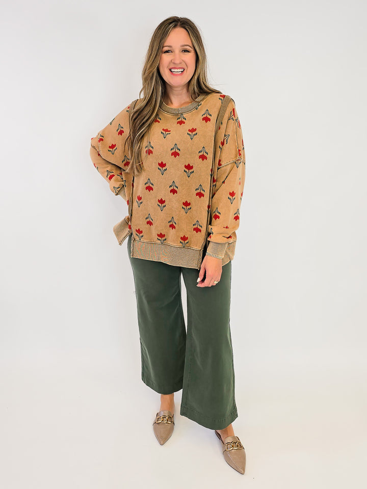 OVERSIZED TULIP PRINT WASHED TERRY PULLOVER - FADED CAMEL