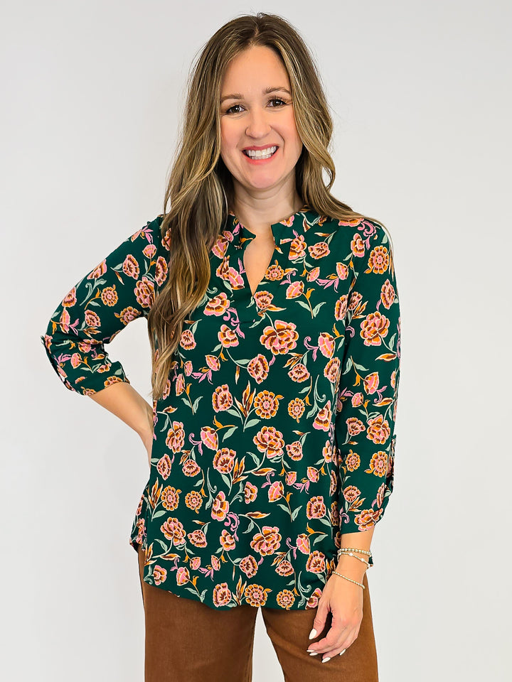 DEAR SCARLETT LIZZY 3/4 SLEEVE TOP - HUNTER GREEN FLORAL