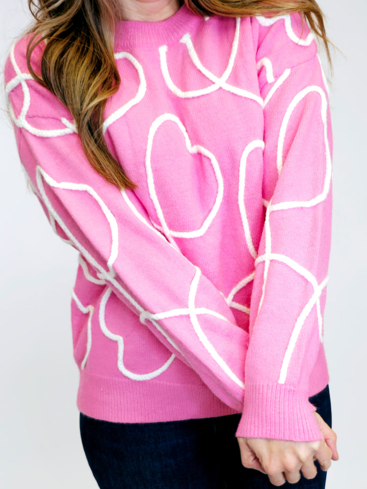 LONG SLEEVE EMBROIDERED HEARTS SWEATER - CANDY PINK