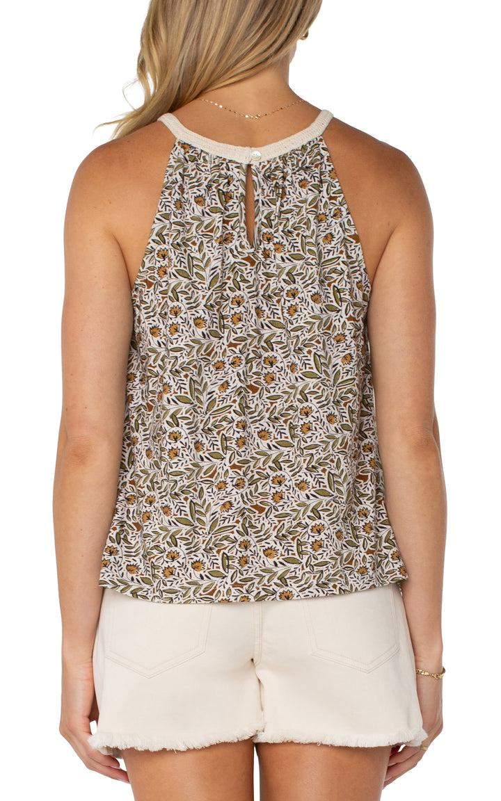 SLEEVELESS WOVEN HALTER W/CROCHET DETAIL - OLIVE LEAF