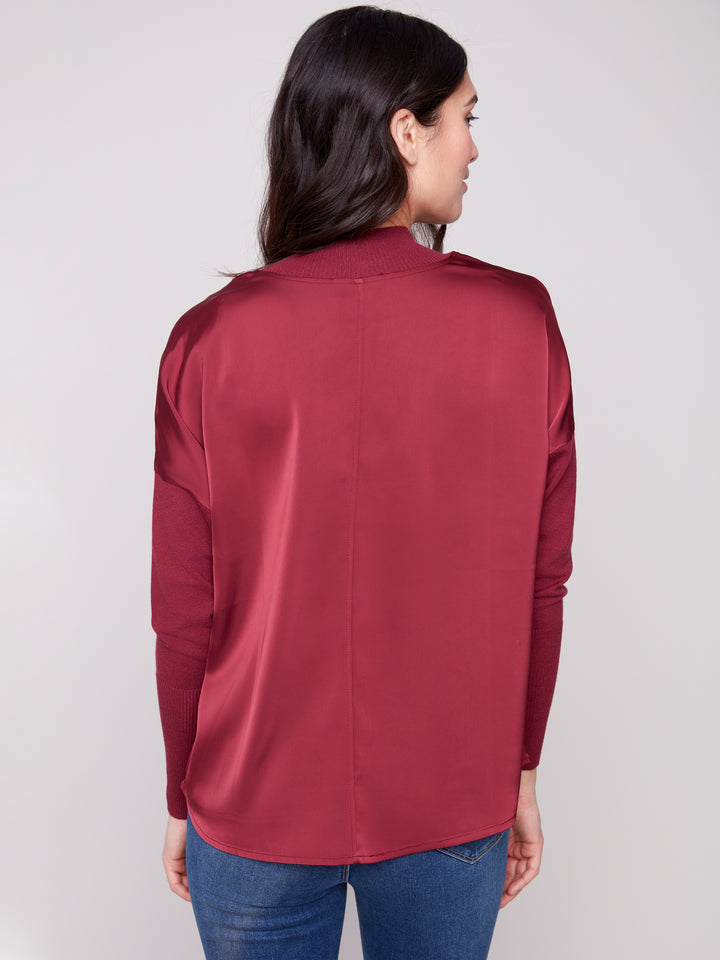 MOCK NECK SATIN KNIT TOP - CABERNET