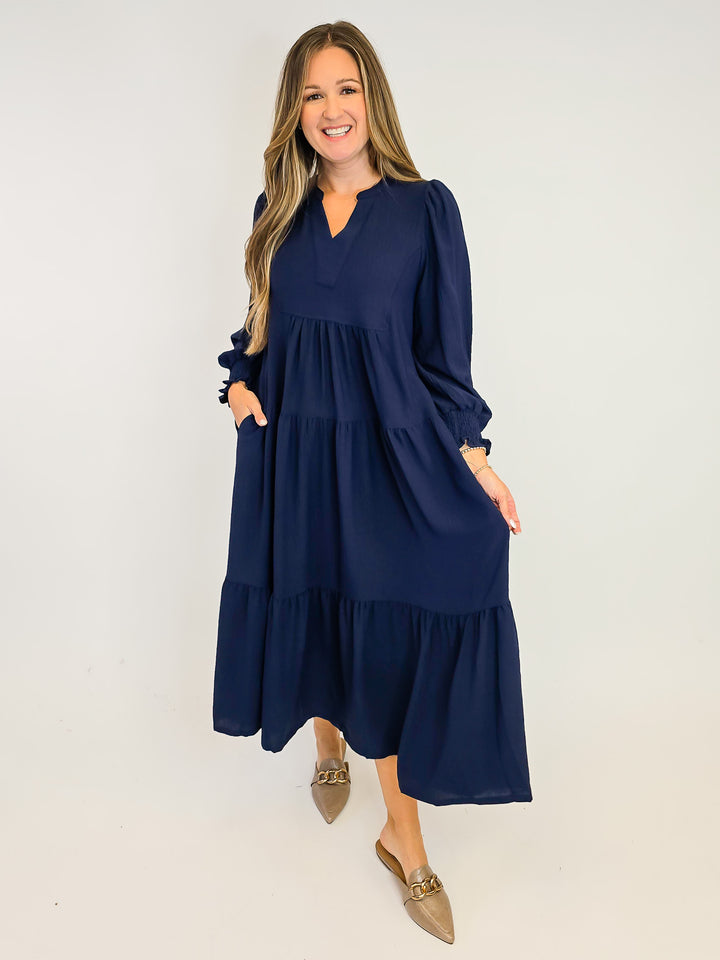 TIERED MIDI DRESS W/SMOCKED CUFFS - NAVY