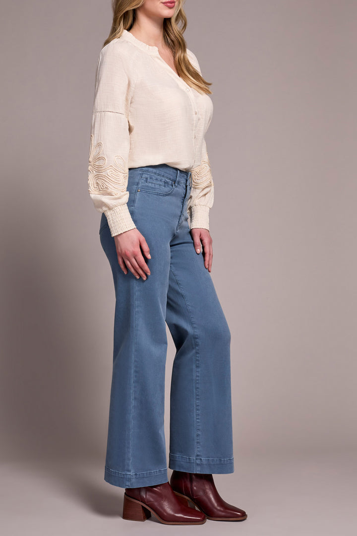 COMFORT STRETCH FLY FRONT WIDE LEG PANTS - SLATE BLUE