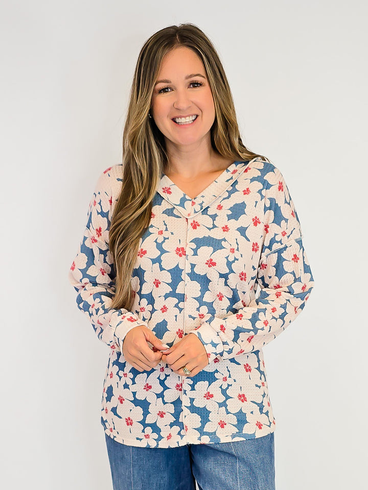 V-NECK LONG SLEEVE FLORAL PRINT TOP - DUSTY TEAL