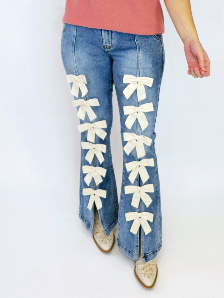 RIBBON DETAILED WASHED HIGH WAIST FLARE STRETCH JEANS - DENIM