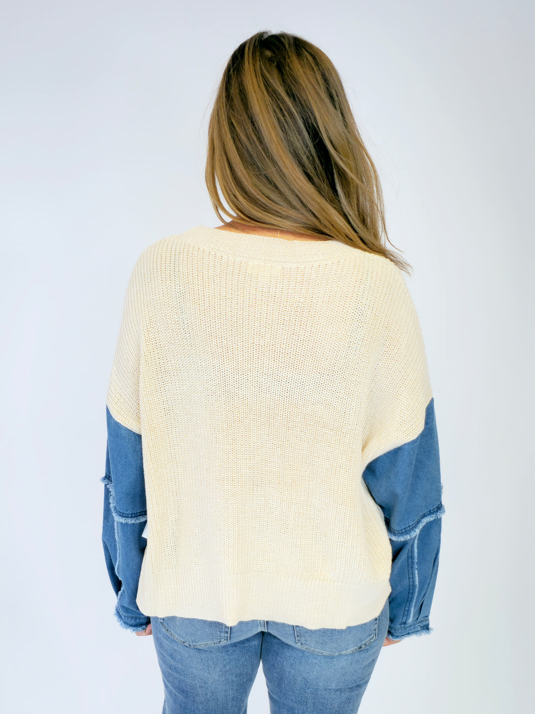 DENIM LONG SLEEVE CREW NECK SWEATER - IVORY/DENIM