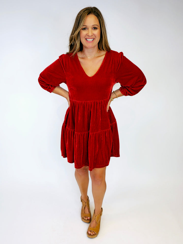 VELVET 3/4 SLEEVE SHORT DRESS - BURNT ORANGE