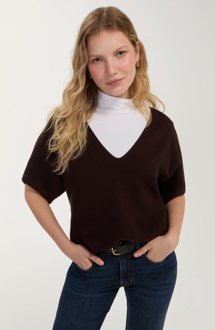 DOLMAN SHORT SLEEVE POPOVER SWEATER W/STEP - JAVA