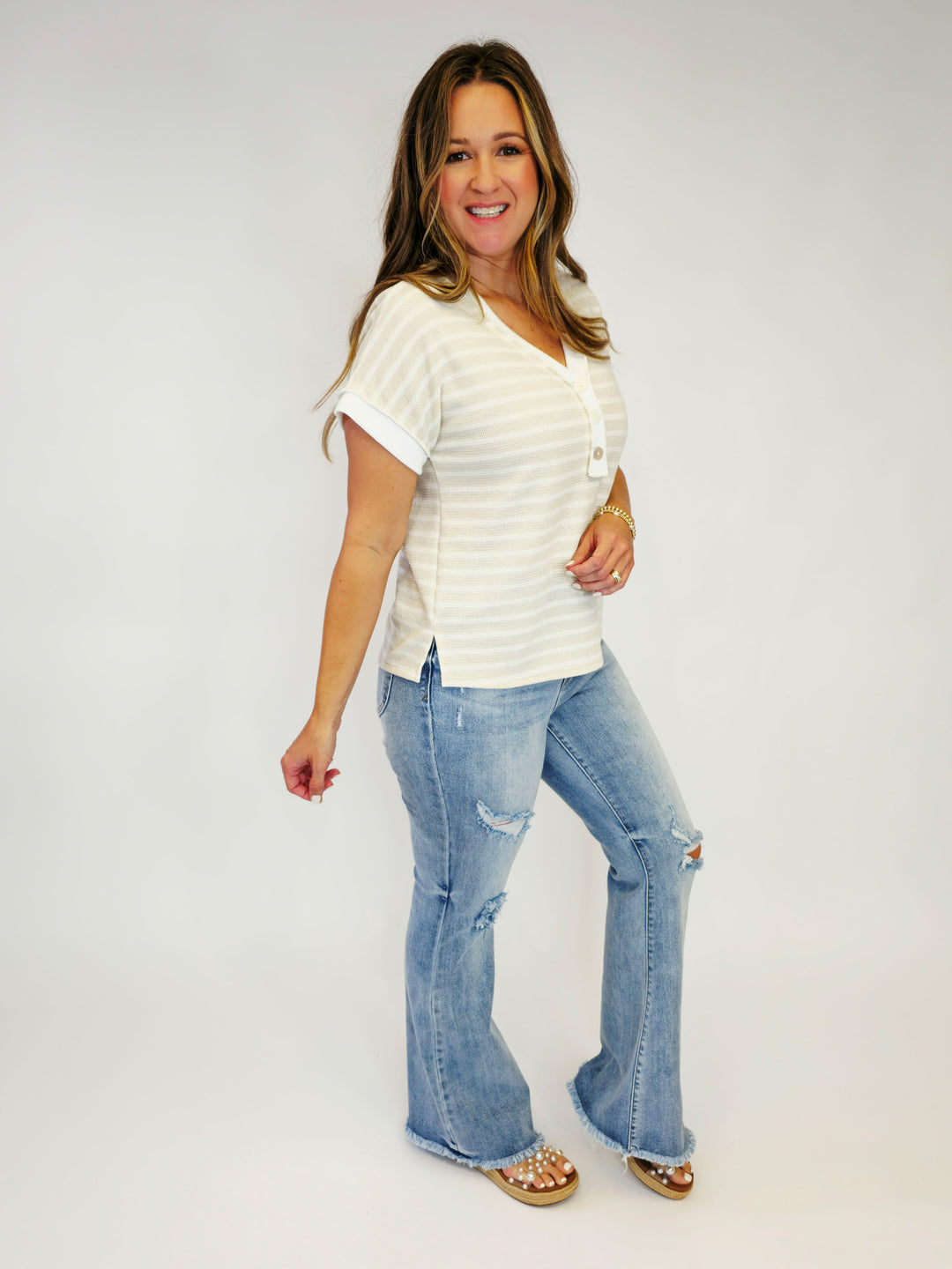 V-NECK BUTTON DETAIL STRIPED TOP - TAUPE