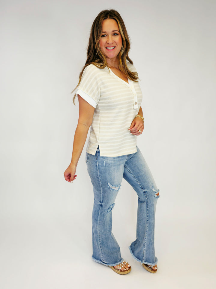 V-NECK BUTTON DETAIL STRIPED TOP - TAUPE
