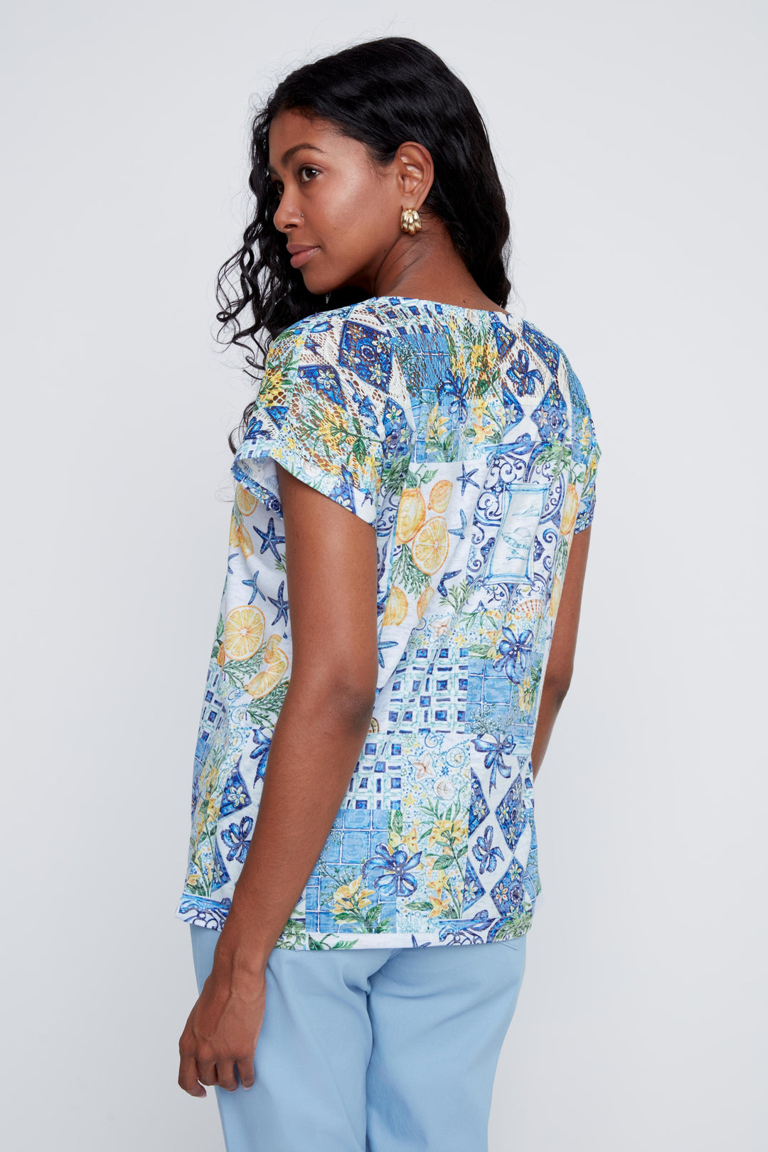 SHORT SLEEVE LEMON CROCHET DETAIL TOP - BLUE