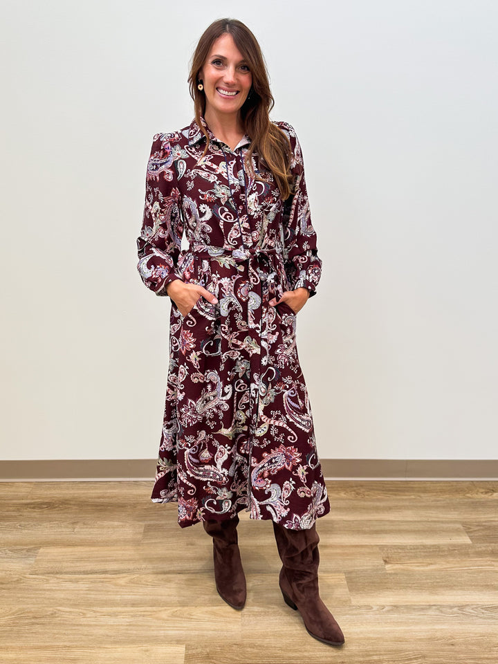 L/S PAISLEY BUTTON DOWN BELTED MIDI DRESS - MERLOT