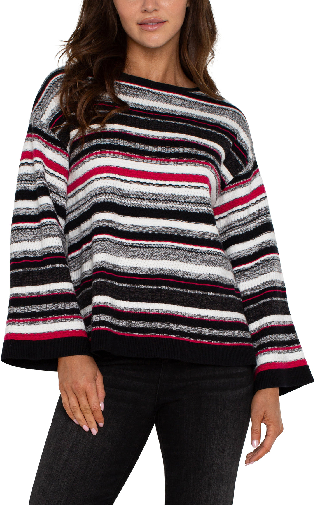 LONG SLEEVE BOAT NECK SWEATER - BLACK/RUBY/WHITE STRIPE