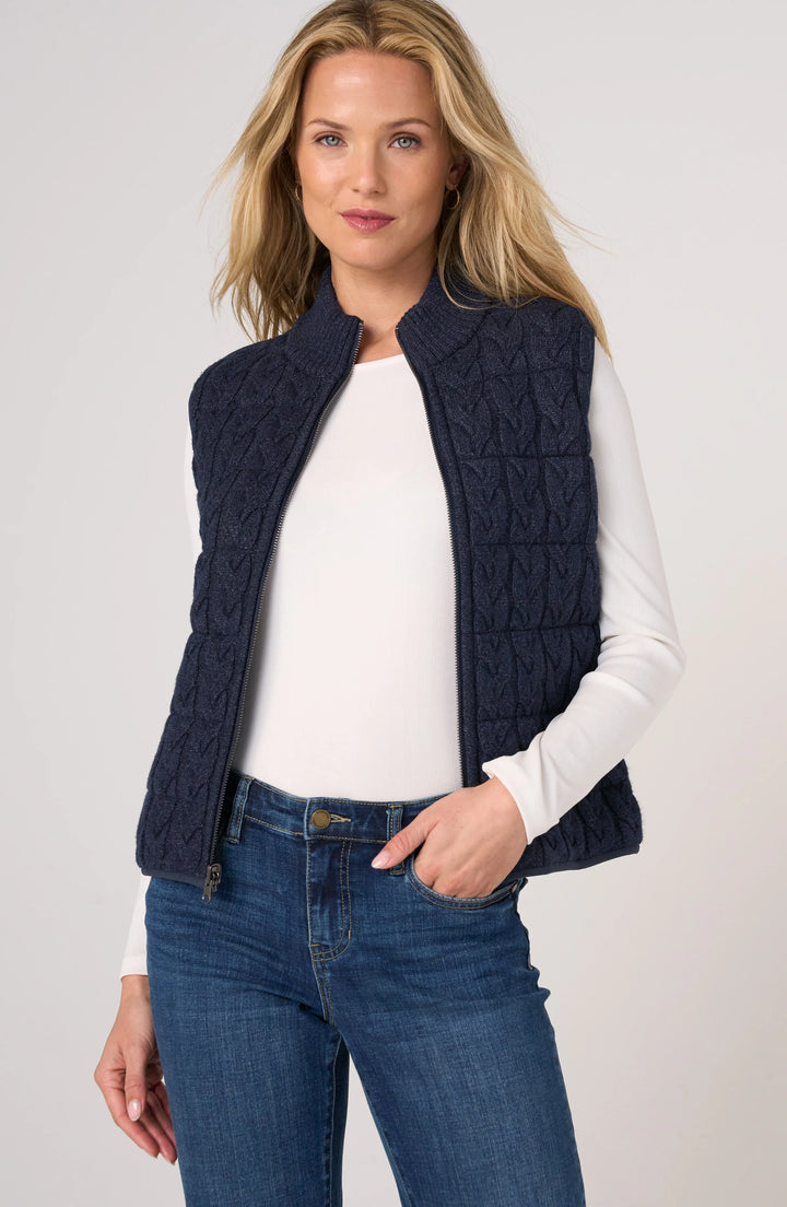 SLEEVELESS REVERSIBLE ZIP FRONT QUILTED SWEATER VEST - HEATHER NAVY