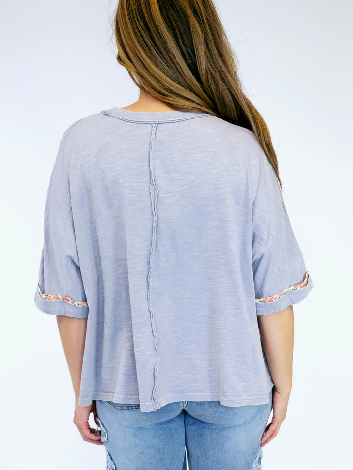 FLOWER PATCH WASHED COTTON SLUB TOP - LIGHT GREY