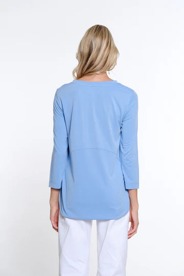 3/4 SLEEVE WIDE NECK HI/LOW TULIP HEM TOP - CORNFLOWER BLUE