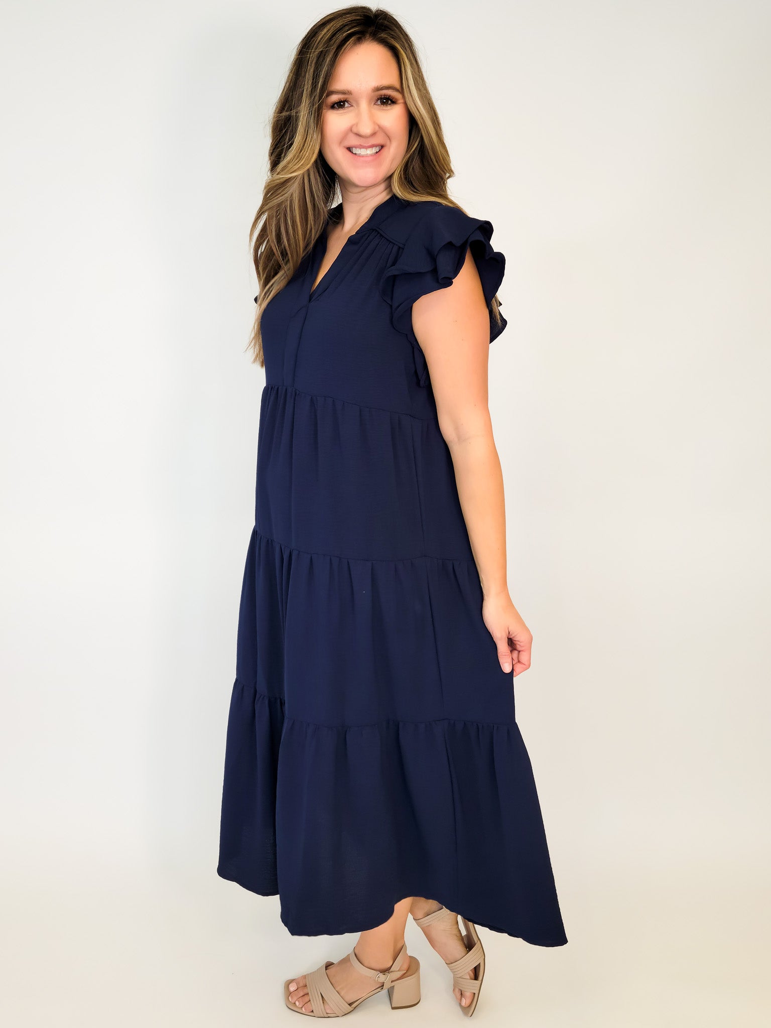 SPLIT NECK A-LINE TIERED MIDI DRESS W/RUFFLE SLEEVES - NAVY – Brianne's  Boutique