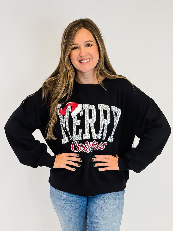'MERRY CHRISTMAS HAT' CREW NECK OVERSIZED PULLOVER - BLACK