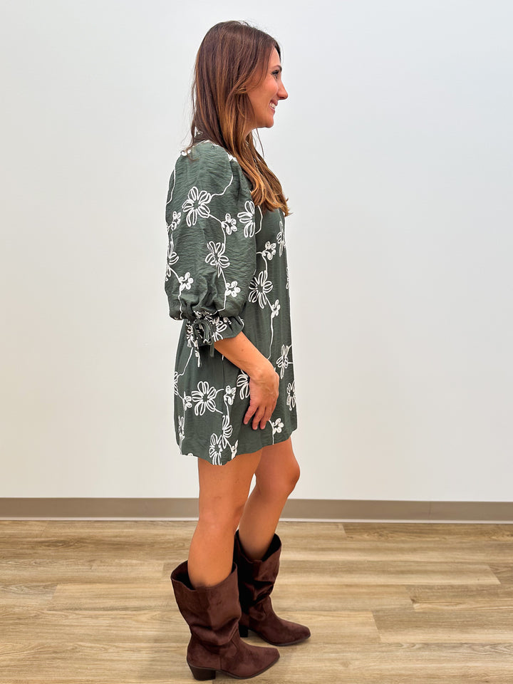 3/4 BALLOON SLEEVE FLORAL SHORT DRESS - OLIVE