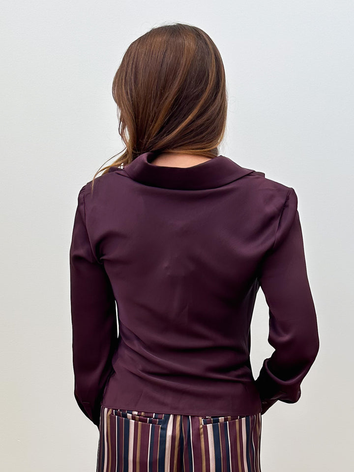 L/S DRAPED COLLAR BLOUSE - CHERRY LACQUER