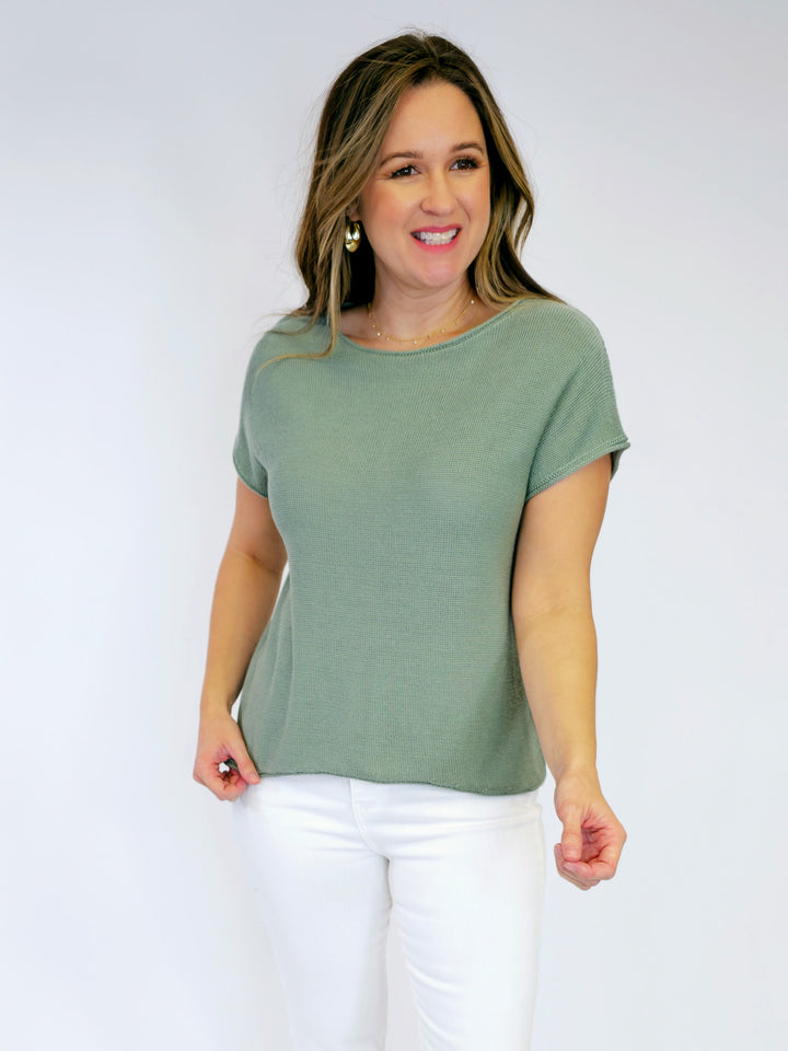 BOXY KNIT SWEATER TEE W/RAW SEAMS - SAGE