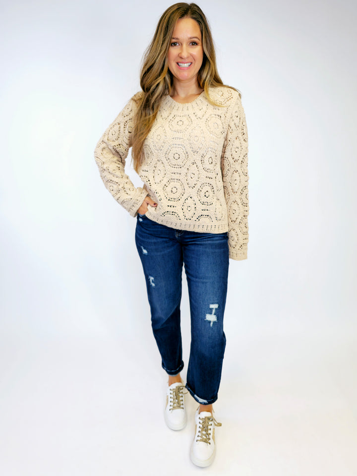 OPEN KNIT CROCHET SOLID SWEATER - MOCHA