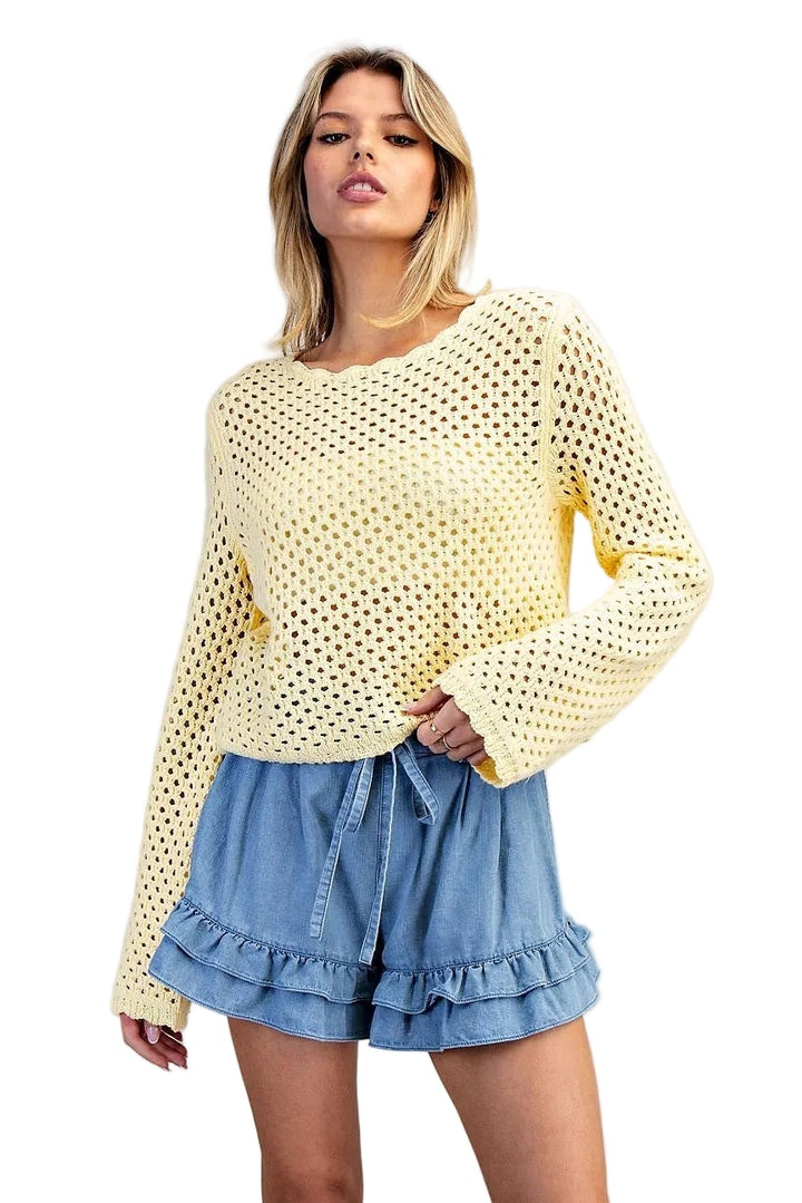 CROCHET OPEN KNIT SCALLOP TRIM SWEATER - BUTTER YELLOW