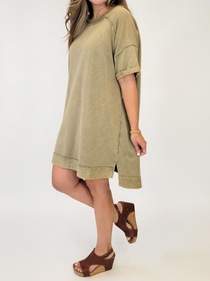 MINERAL WASH FRENCH TERRY MINI DRESS - LT OLIVE