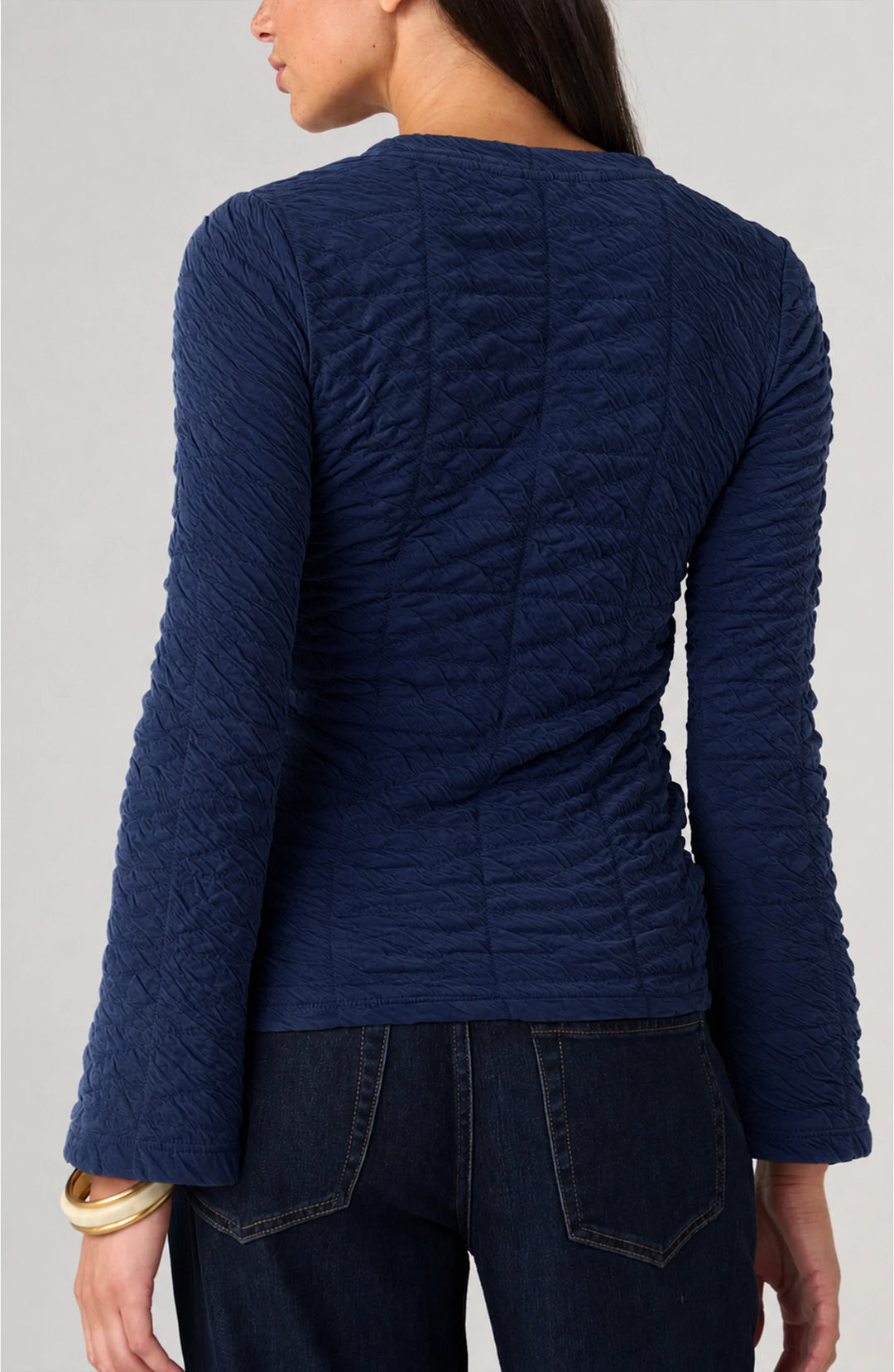 LONG FLARE SLEEVE CREW NECK TOP - NAVY