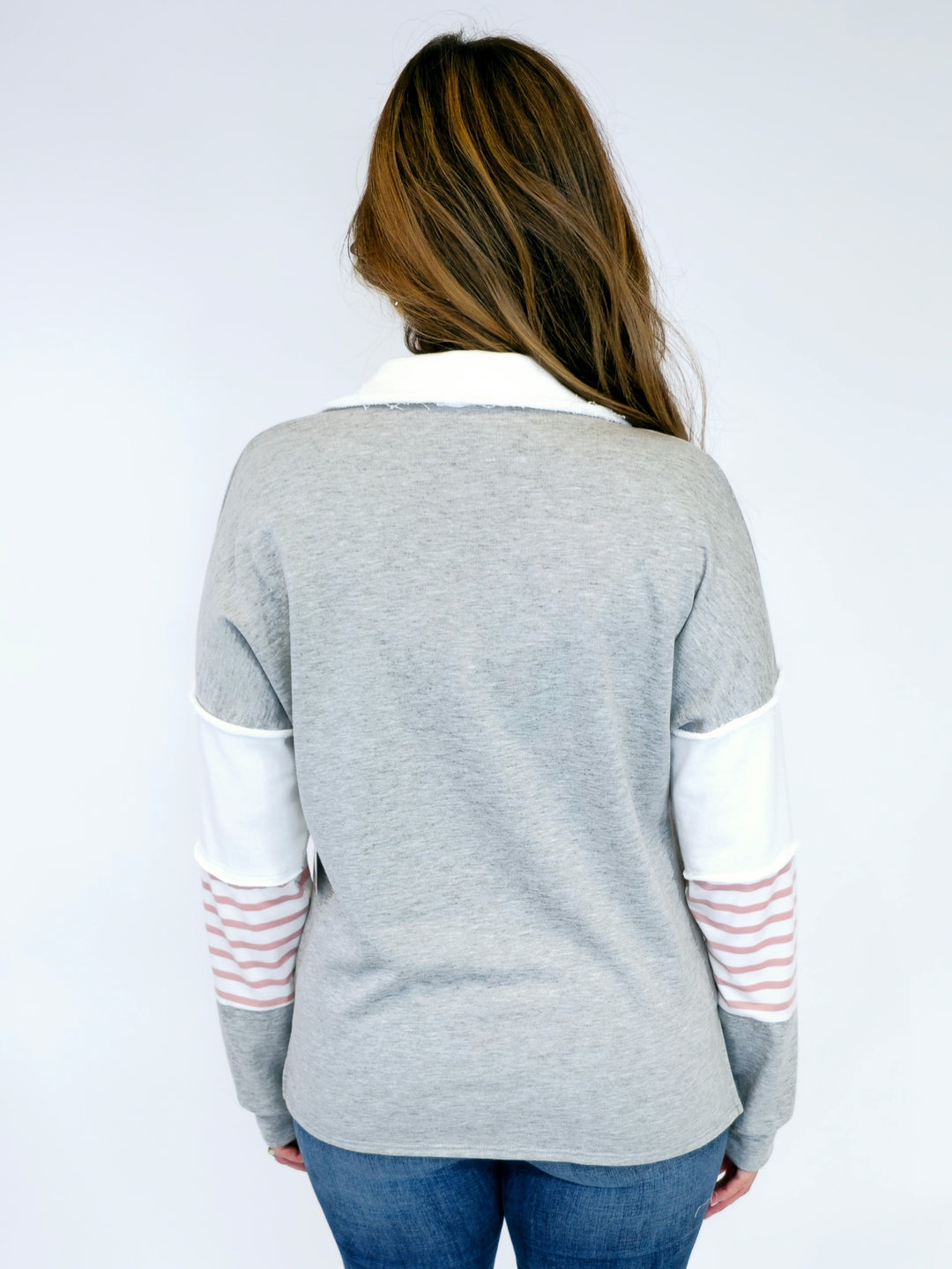 LONG SLEEVE COLOR BLOCK COLLARED TOP - PINK/GREY