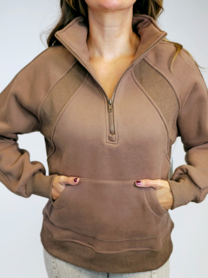 HALF ZIP LONG SLEEVE KNIT TOP W/POCKET - MOCHA