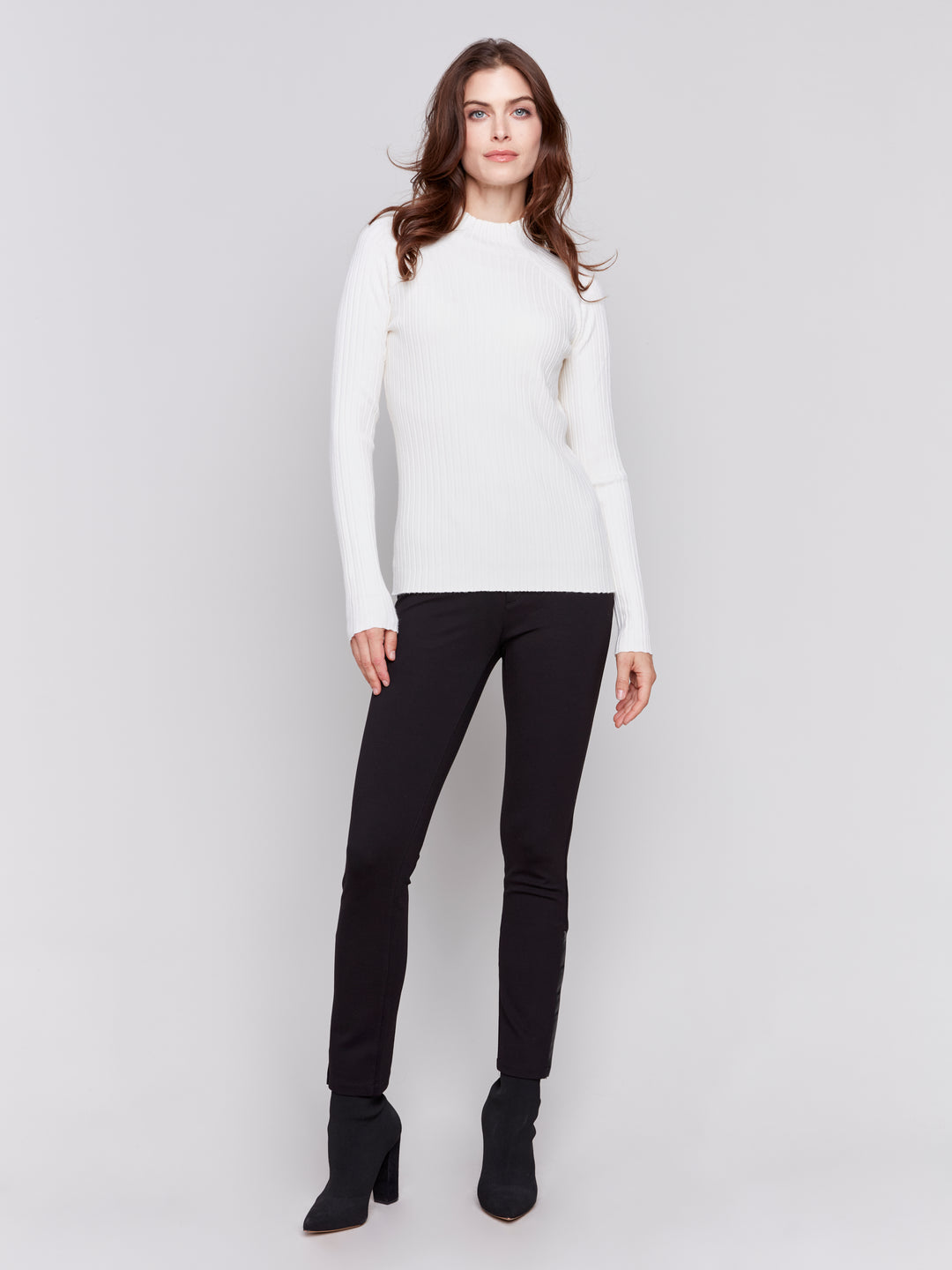 RIBBED KNIT MOCK NECK SWEATER - ECRU