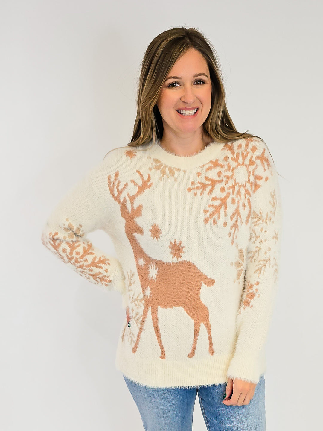 REINDEER FLUFFY YARN SWEATER - OATMEAL