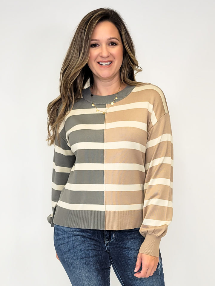 COLOR BLOCK STRIPE PULLOVER - GREY/TAUPE
