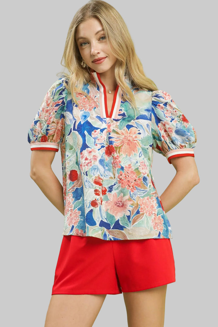 BLOOMSCAPE PRINT HIGH NECK TOP W/STRIPE BAND TRIM - BLUE