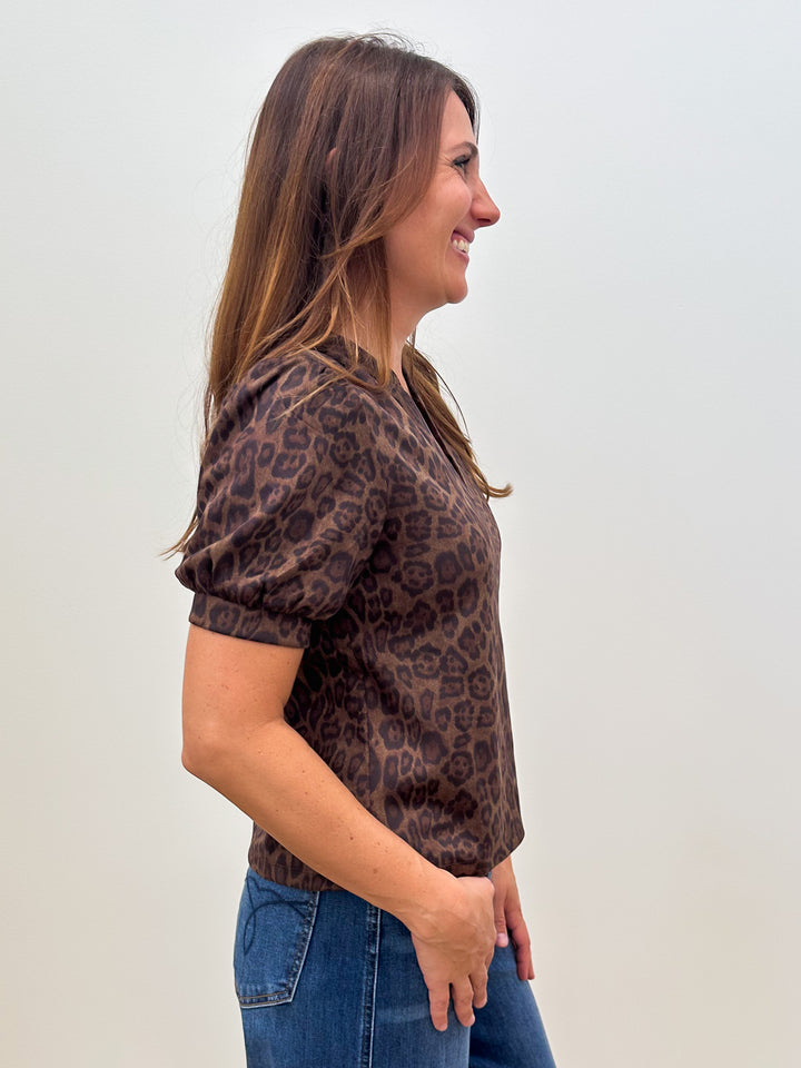 SHORT SLEEVE V-NECK SOFT SUEDE TOP - BROWN