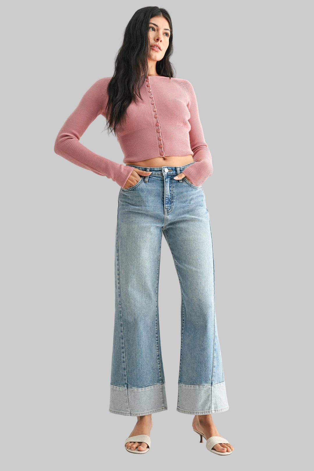 JBD LOW RISE TWO TONED HEM SEAMED SLIM WIDE JEANS - LIGHT DENIM - 29" INSEAM